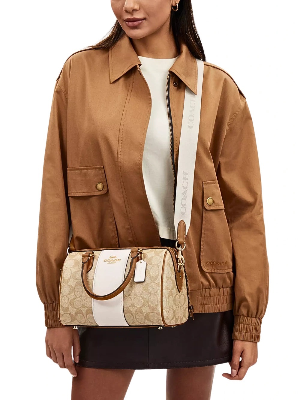 Coach Beige Signature Canvas and White Stripe Satchel with Tan Leather Trim - Picture 2 of 3